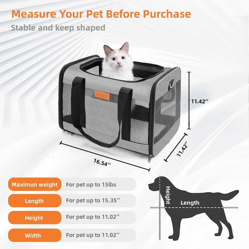 YUNIQUE Soft-Sided Cat & Dog Carrier for Pets Up to 15 Lbs, Airline Approved Collapsible Travel Puppy Carrier with Lightweight Fabric Design (Grey) grey - PawsPlanet Australia