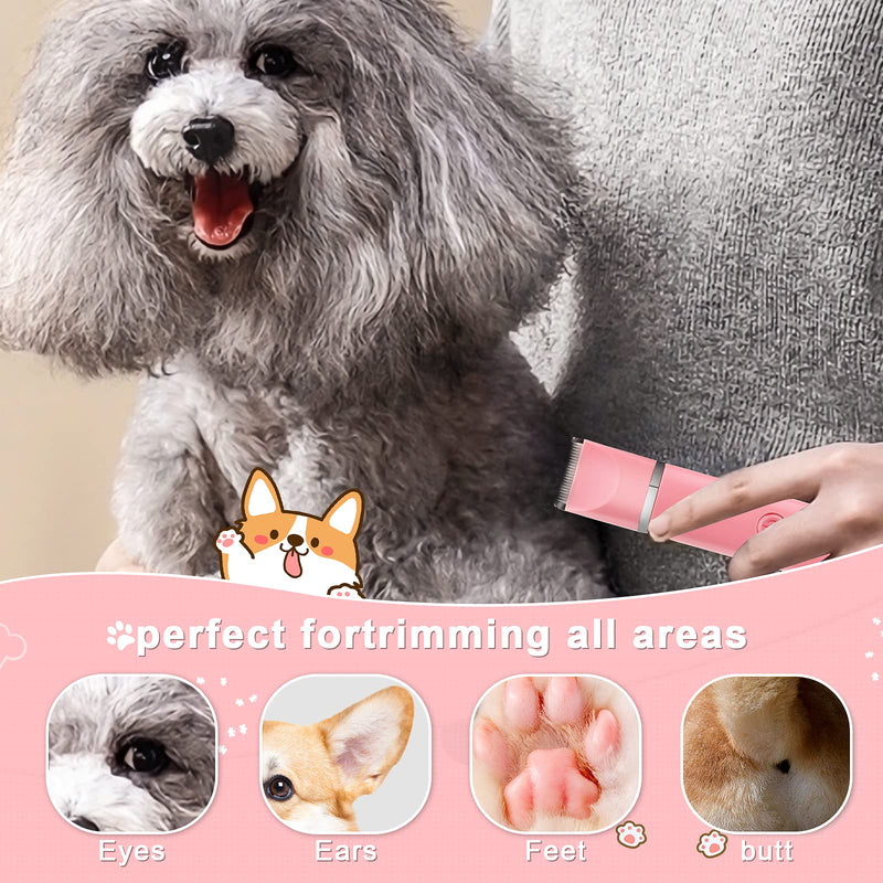 Dog Grooming Clippers Kit-Electric Rechargeable Cat Trimmer Tools-Cordless Quiet Pet Nail Paw Grinder-4 in 1 Multifunctional Low Noise Shaver-Razor for feet Face Ears Toenail Eye?Pink? Pink