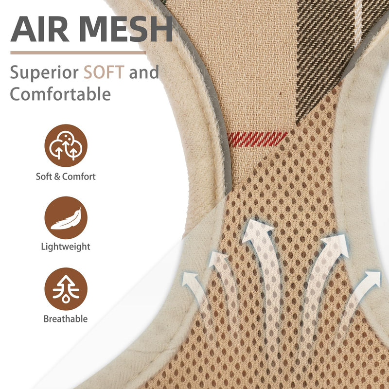 PUPTECK Soft Mesh Dog Harness and Leash Set Pet Puppy Cat Adjustable Reflective Padded Vest No Pull Harnesses, Beige, S S (NECK: 13-15", CHEST: 14-18") - PawsPlanet Australia