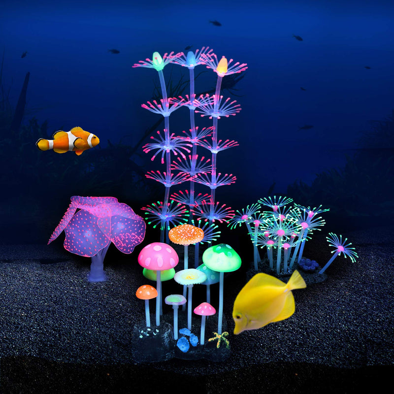 Lpraer 4 Pack Glow Aquarium Decorations Coral Reef Glowing Mushroom Anemone Simulation Glow Plant Glowing Effect Silicone for Fish Tank Decorations 4 Pcs(coral Reef+branch Coral+mushroom+anemone) - PawsPlanet Australia