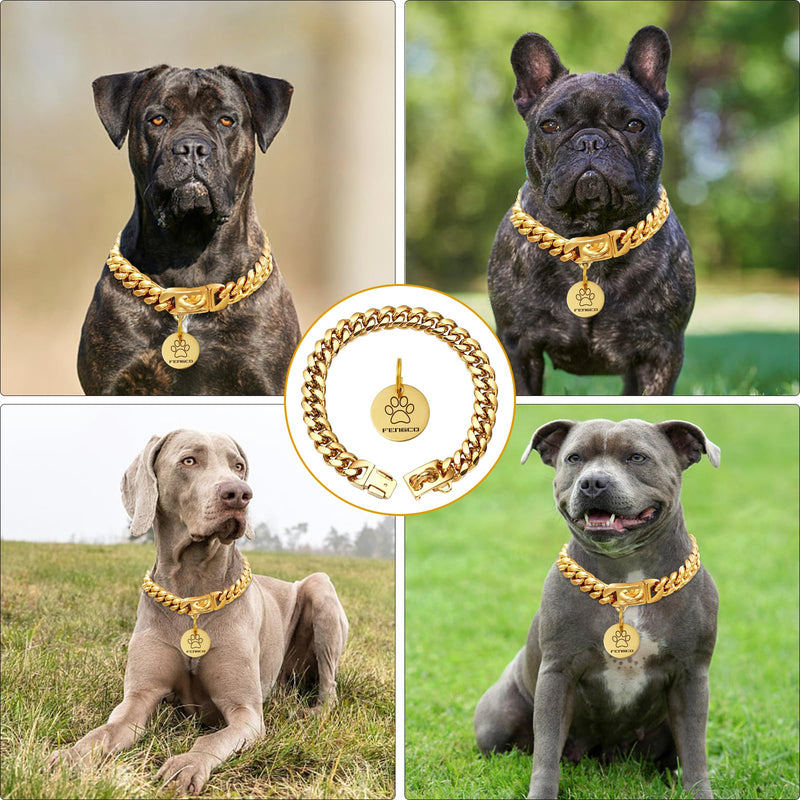 Gold Dog Chain Collar with Dog Tag Pendent Metal Chain Collar Necklace18K Gold Plated Stainless Steel Pet Cuban Links Collars for Dogs(24inch) 24inch - PawsPlanet Australia
