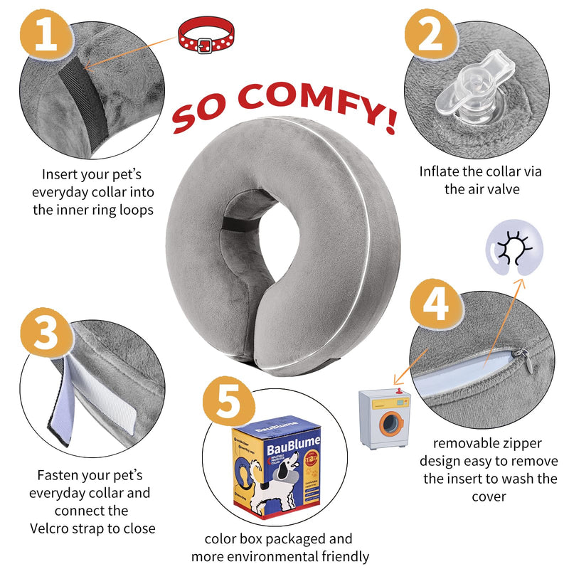 Inflatable Reflective Dog Cone Collar Alternative After Surgery,Doggie Recovery Dount Neck Ecollar,Adjustable Soft Dog Cone Collar for Small Medium Large Dogs (Grey, M) Grey Medium（10.5"-13"）