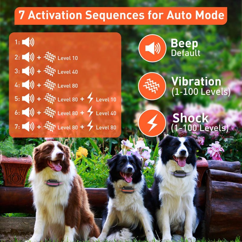 PetJoy 3 Dog Shock Collar with Remote, Dog Bark Collar for Large Dog, Automatic Bark Collar 3 Packs, Bark & Shock Collar 2 in 1 - Auto Mode with 5 Sensitivity Levels Orange - PawsPlanet Australia