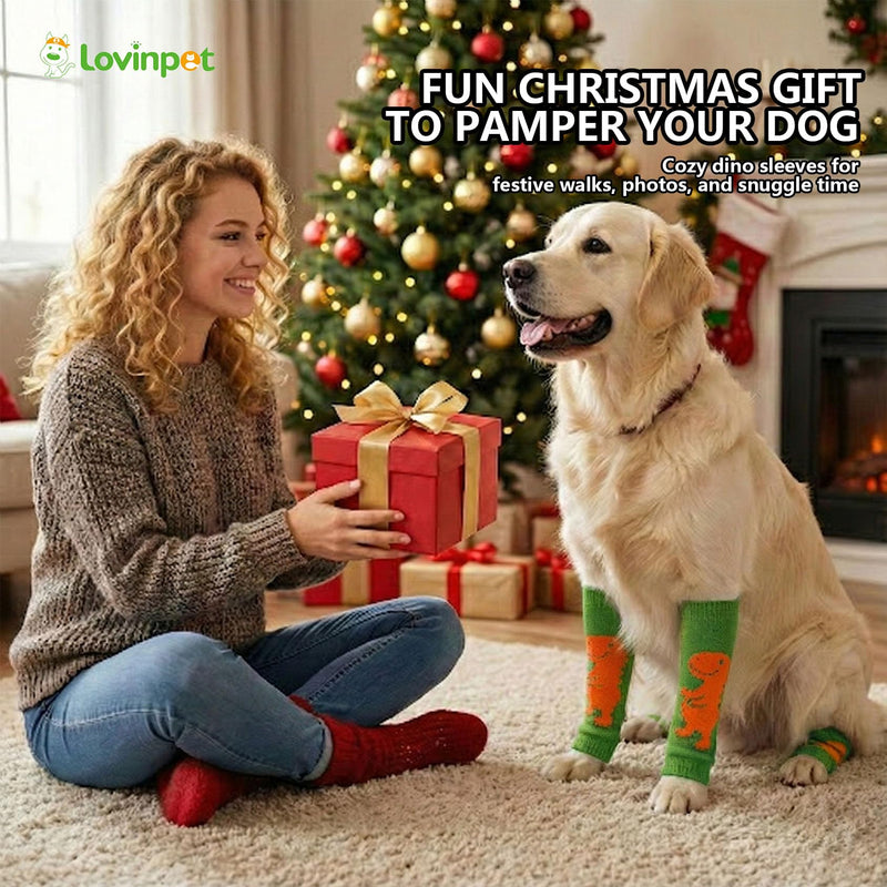 LovinPet 4-Pack Dog Knee Sleeves, Dinosaur-Style Leg Warmers for Medium & Large Dogs, 4-Way Stretch, Anti-Lick Coverage, Warm & Comfy Fit, One Size,Green Orange Green Orange