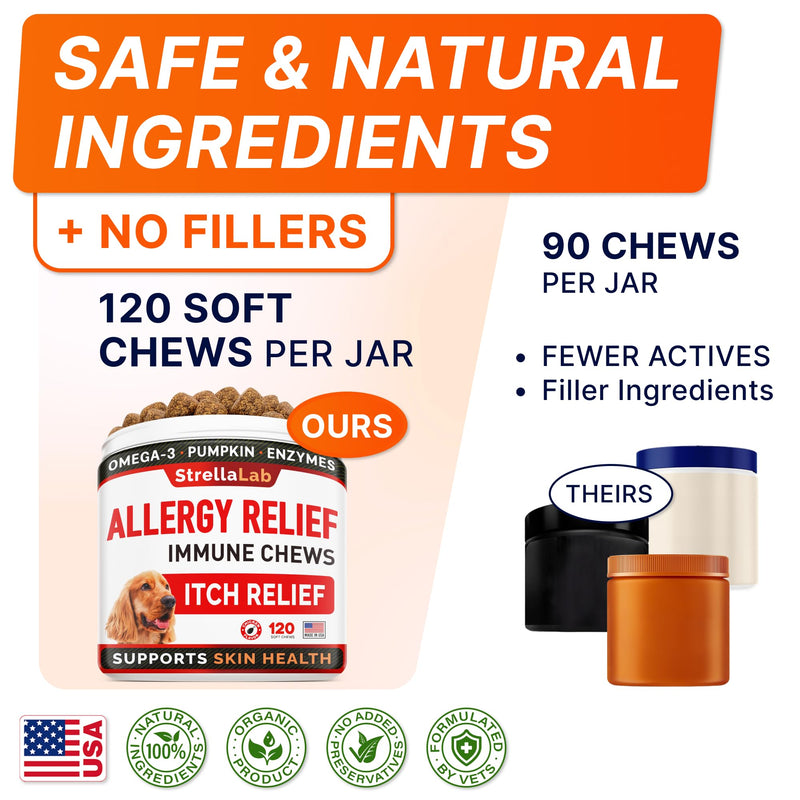 StrellaLab Dog Allergy Relief & Anti Itch Support Chews w/Omega 3: Real Ingredients, Real Taste! Skin & Coat Immune Supplement w/Fish Oil, Pumpkin & Enzymes — Developed by Experts - Made in USA -120Ct Chicken 120 Count (Pack of 1)