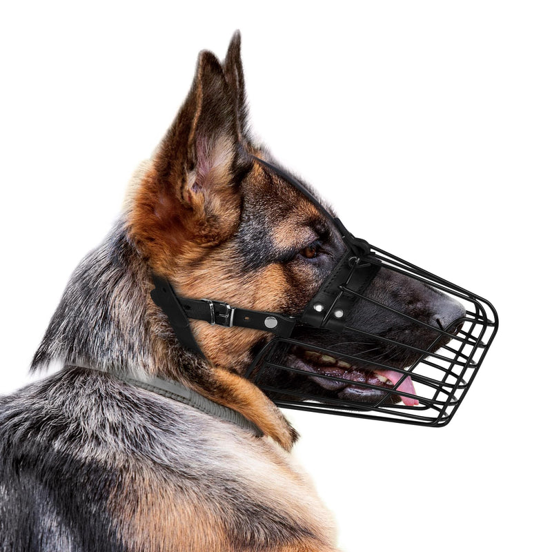 German Shepherd Dog Muzzle Metal Basket for Medium Large Dogs Adjustable Durable Leather Straps Secure Wire Mask for Biting Chewing Barking (Black, L - Size)