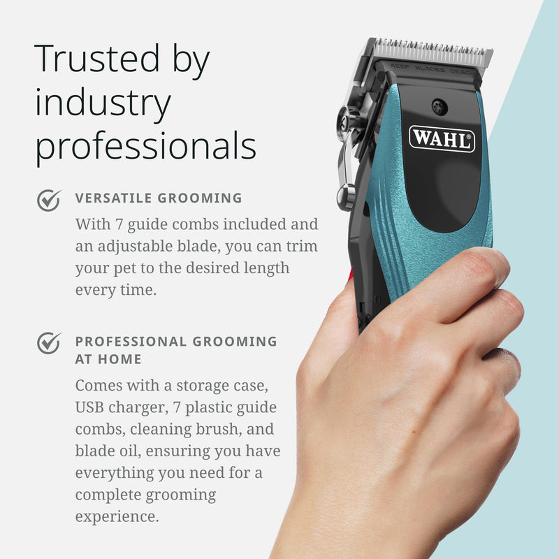 Wahl Pro Animal Groom Lite Pet Clipper - Cordless & USB Charging - Adjustable Blades - Professional Grooming Kit for Dogs, Cats & Small Pets - Black/Metallic Blue - PawsPlanet Australia