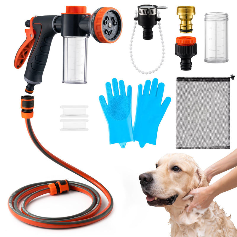 MALLMALL6 Dog Washing Hose attachment with Pet Grooming Glove & 2 Soap Dispenser, 10-in-1 Spray Modes Foam Nozzle Sprayer with 8.2Ft Pup Washer Hose for Showering Pets Car Wash Watering Flowers
