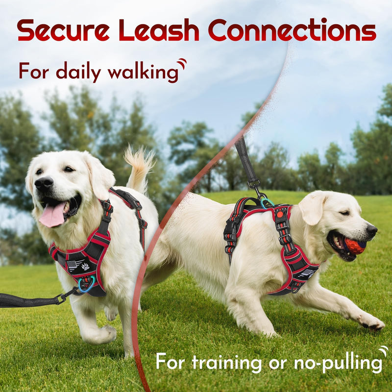 Eagloo Dog Harness for Large Dogs, Easy Wearing with 3 Buckles, Adjustable No Pull Pet Harness with 2 Rings for Walking, No Chock Reflective Soft Padded Vest with Control Handle, Black & Red, L - PawsPlanet Australia