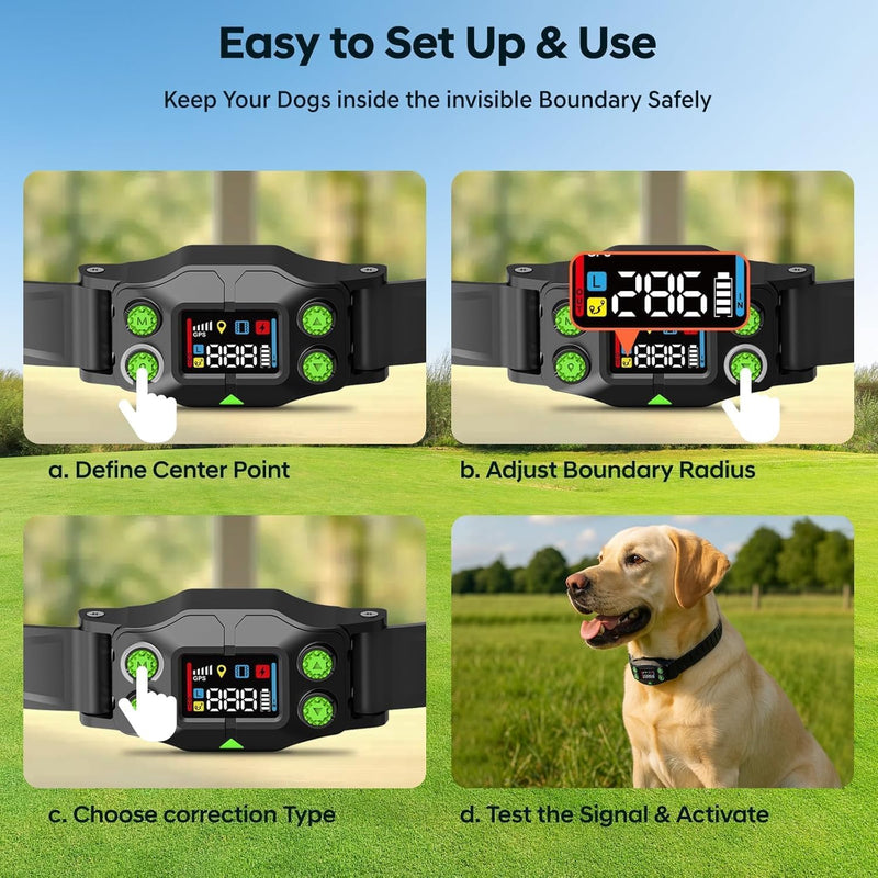 Wireless Dog Fence, GPS Dog Collar Fence System with 3 Warning Modes, Rechargeable Wireless Fence for Dogs