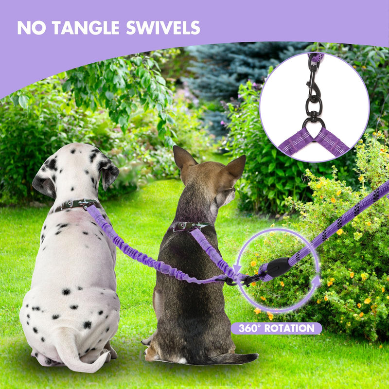 BAOBOTE Double Dog Leash,Dual Dog Leash with Shock Absorbing Bungee Reflective for Two Dogs 360 Swivel No Tangle (Purple) Purple - PawsPlanet Australia