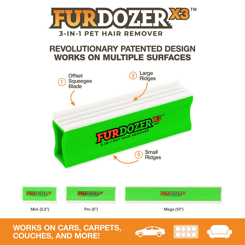 FurDozer X3 PRO Pet Hair Remover & Auto Detailing Tool - Cat & Dog Hair Remover for Carpets, Car Interiors, Couches, Bedding, & Pet Furniture - Reusable Pet Hair Removal Tool for Dog Fur & Lint, 5" X3 PRO - 5" Long - PawsPlanet Australia