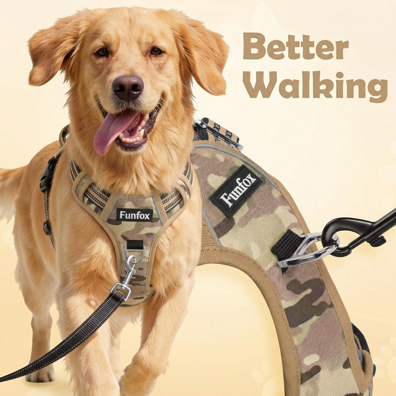 Funfox Dog Harness No Pull, Adjustable Pet Vest Harness, Super Soft Material with Vertical Handle Easy Control, Reflective Night Walking, 2 Leash Clips for Medium Sized Dogs, Camo Brown, M - PawsPlanet Australia