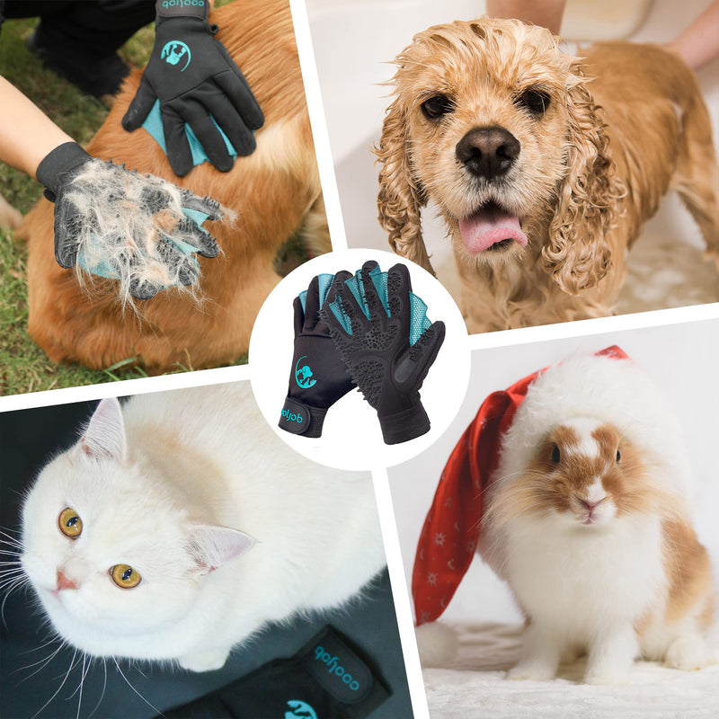 COOLJOB Patented Pet Grooming Gloves with Web, Reusable Washable Cleaning Brush Massage Hair Remover for Short Long Haired Dog Cat Horse Animal, Washing Bathing Shedding Supplies, Large, Blue Black Blue (384 tips) - PawsPlanet Australia