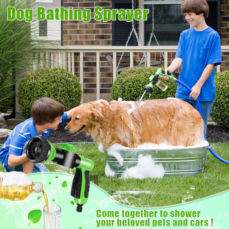 Pup Dog Jet Wash, 8-Way Spray Pattern Dog Washing Hose Attachment with Soap Dispenser, Pet Bath Brush, Garden Hose Nozzle Sprayer for Watering Plants, Lawn, Patio, Car Wash, Showering Pet Outdoor Green - PawsPlanet Australia