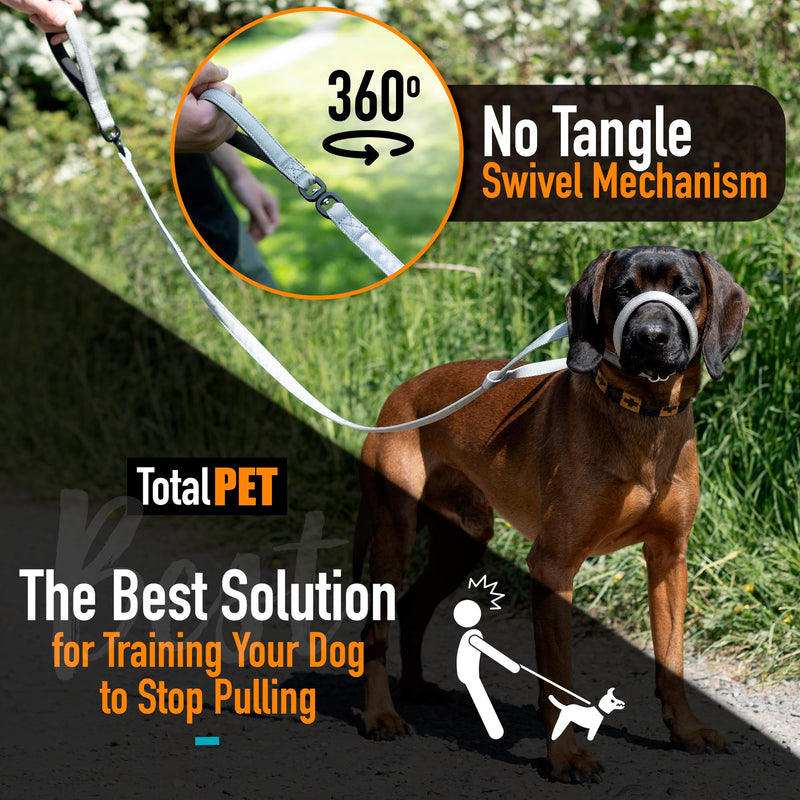 Total Pet Figure of 8 Dog Lead Flat with Anti Tangle Swivel Mechanism – Anti Pull Stop Dogs Pulling – Slip Leads Reflective with Padded Nose Support - (Grey, 210cm) Grey