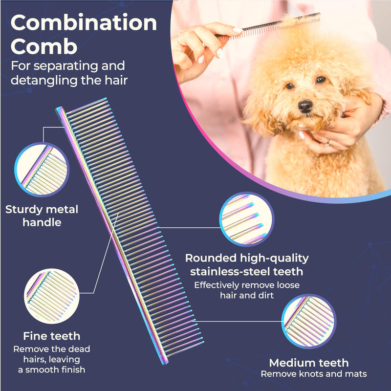 Fur Magic Dog Grooming Scissors Set, 4 Pieces Stainless Steel Grooming Products for Dogs and Cats with Straight Shears, Thinning Shears, Curved Scissors and Grooming Comb