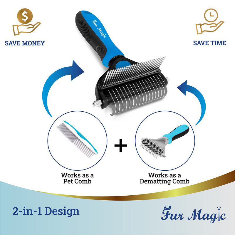Fur Magic Deshedding and Dematting Comb Double Sided Undercoat Rake Pet Grooming Brush Removing Mats, Knots & Tangles for Dogs and Cats with Long and Medium Hair, Blue