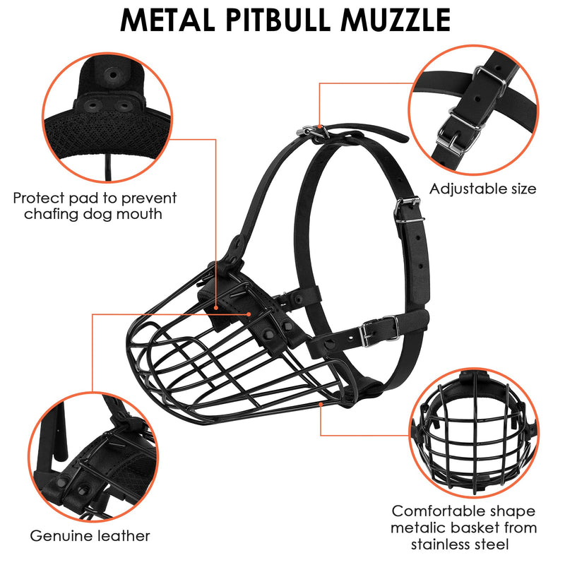 Pitbull Dog Muzzle Metal Mask Amstaff Secure Wire Basket Adjustable Durable Leather Straps for Large Dogs (Black) Black - PawsPlanet Australia