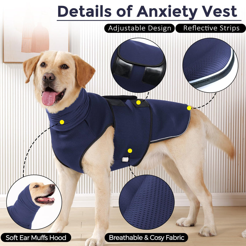 Dotoner Dog Anxiety Relief Coat,2-in-1Calming Anxiety Jacket for Dogs with Soft Ear Muffs Hood for Noise Dog Anxiety Vest with reflective strips Belly Coverage Anti-Anxiety Wrap Relief Stress M Navy blue