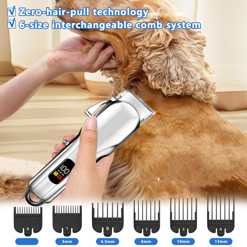 Professional Dog Clippers for Thick Hair, Low Noise Grooming Nail Kits with Stainless Steel Blade,Cordless Dog Grooming Clippers with 6 Guide Combs for Pets and Animals - PawsPlanet Australia