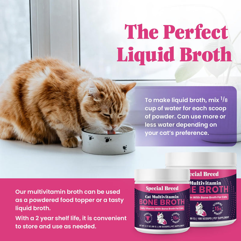 Cat Multivitamin with Grass-Fed Beef Bone Broth – Daily Supplement for Immune, Joint, Skin, Coat & Gut Health – Omega 3s, Lysine, Beta Glucan, Vitamins A-E, C, D – 90 Day Supply – No Fillers 90 Grams
