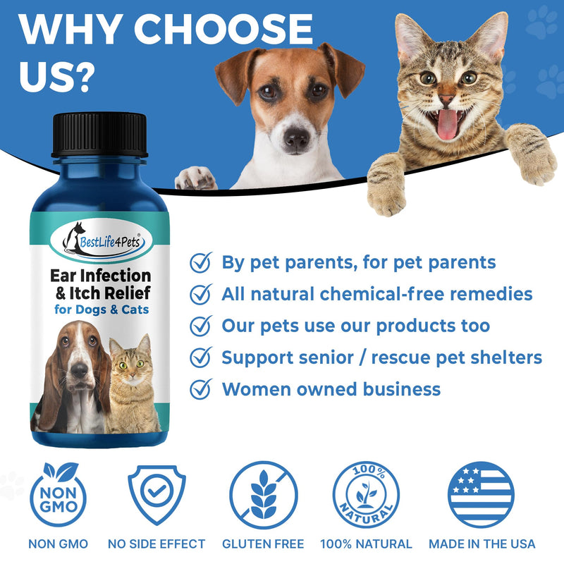 BestLife4Pets Ear Infection Relief for Dogs and Cats - Dog Ear Infection Treatment Supplement; Cat Supplements for Ear Itching, Swelling, Otitis, Pain & Inflammation - Easy to Use Pills