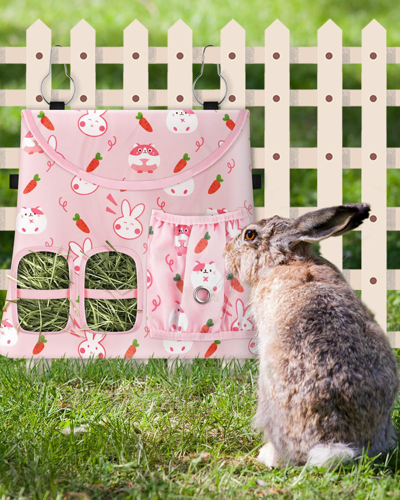Bissap Rabbit Hay Feeder Bag, 2 Holes Hanging Hay Feeder Guinea Pig Hay Bag with Side Pocket for Rabbits Bunny Chinchillas Hamsters Rats and Other Small Pets Small Animal - S (Pink) ﻿ - PawsPlanet Australia