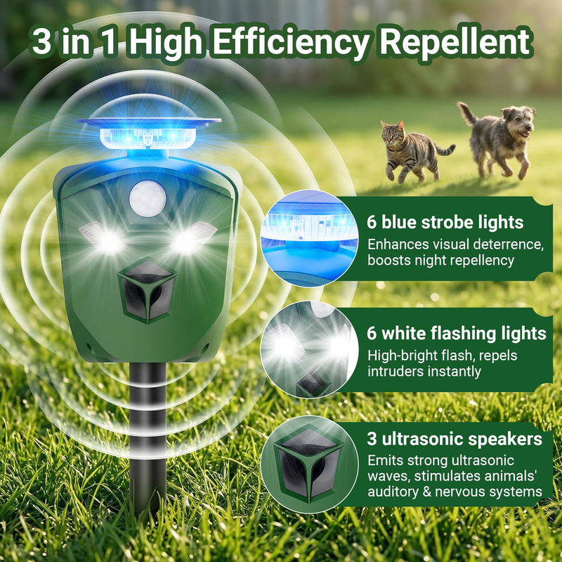 360° Solar Ultrasonic Animal Repellent Outdoor, Deer Repellent Devices with Flash Lights, Animal Deterrent Devices Outdoor for Squirrels, Snakes, Cats, Dogs, Rabbits, Opossums, Coyotes, Raccoons - PawsPlanet Australia