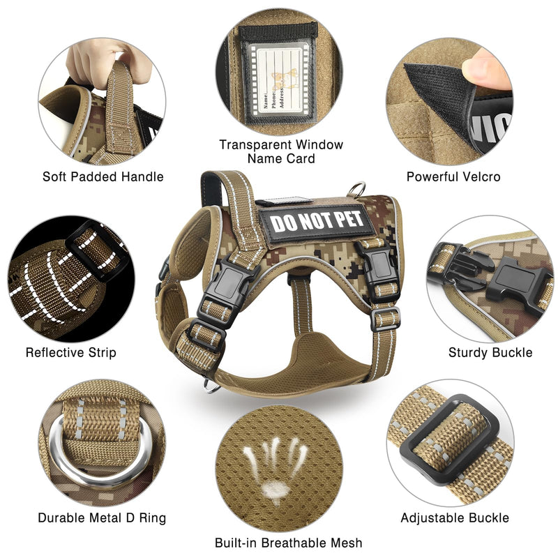 Tactical Dog Harness and Leash Set Medium Sized Dog,Heavy Duty No Pull Service Dog Vest and 10 Patches with Dog Seat Belt,Reflective Adjustable Pet Harness for Training Walking Hiking Camo M Desert Camo