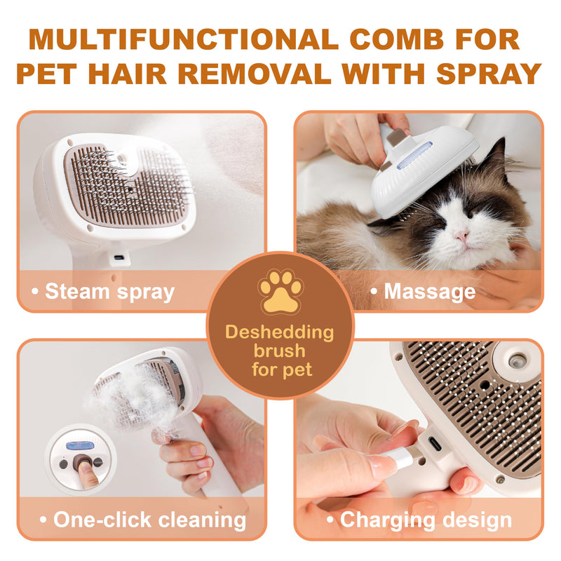 Cat Steam Brush, Dog Brush for Shedding, Pet Spray Hair Removal Comb, Pet Brush for Short & Long Hair, USB Rechargeable Grooming Supplies, Spritz Defur Comb with Finger Wipe for Teeth (White) Pet Brush+Shampoo+Wipes - PawsPlanet Australia