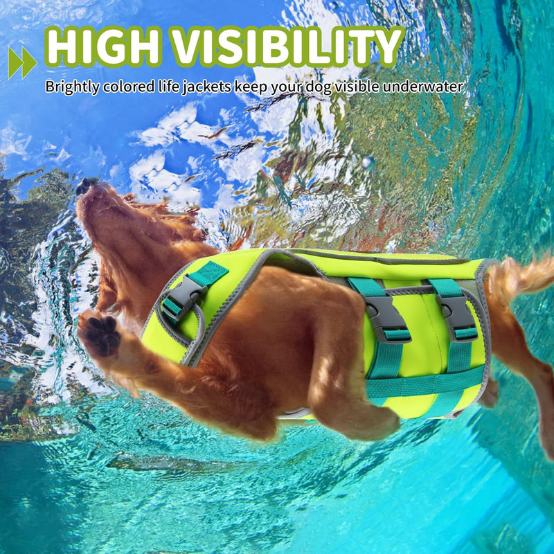 Dog Life Vests for Swimming, High Visibility Dog Life Jacket Lightweight Adjustable Reflective Dog Swim Vest for Boating, High floating Dog Life Preserver with Rescue Handle (Green, XL) X-Large Green