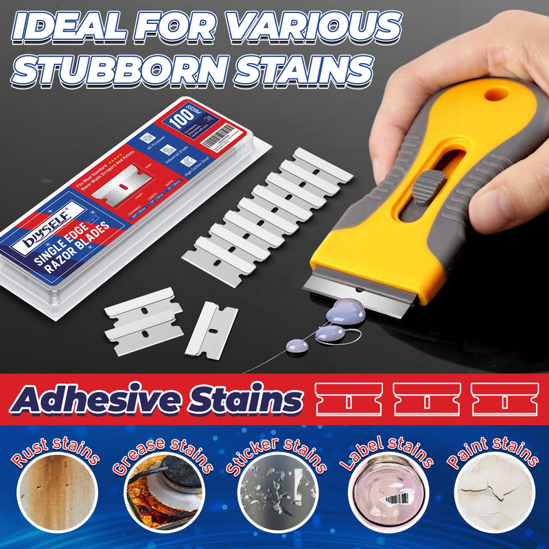 DIYSELF Single Edge Razor Blades, 100 Blades, Razor Blades Refiils for Razor Scraper, Utility Knife, Heavy Duty One Edge Blades, High Carbon Steel Blade for Removing Decals, Stickers 100 Count (Pack of 1) - PawsPlanet Australia