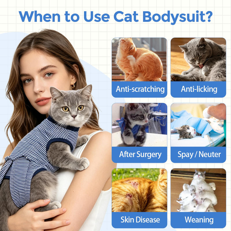 Cat Recovery Suit Surgery Spay Neuter Onesie, Breathable Anti-Licking Female Cat Kitten Bodysuit for Abdominal Wounds Skin Disease Post-Surgery Healing (Blue & White Stripes) (X-Small) X-Small