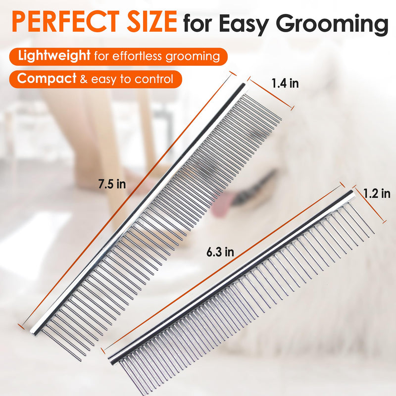 Dog Comb to Remove Tangles and Knots, Cat Comb with Stainless Steel Teeth and Non-Slip Handle, Dog combs for grooming matting for Long Haired Pets (Large & Small) Large & Small