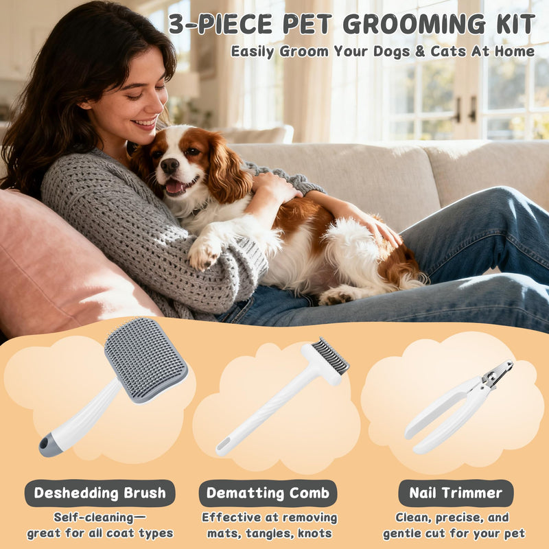 3-Piece Dogs & Cats brush for shedding - Self Cleaning Slicker Brush, Dematting Comb & Nail Clipper - Professional 3-in-1 Grooming Set for Shedding, Mats & Tangles - Easy At-Home Pet Care Tools - PawsPlanet Australia