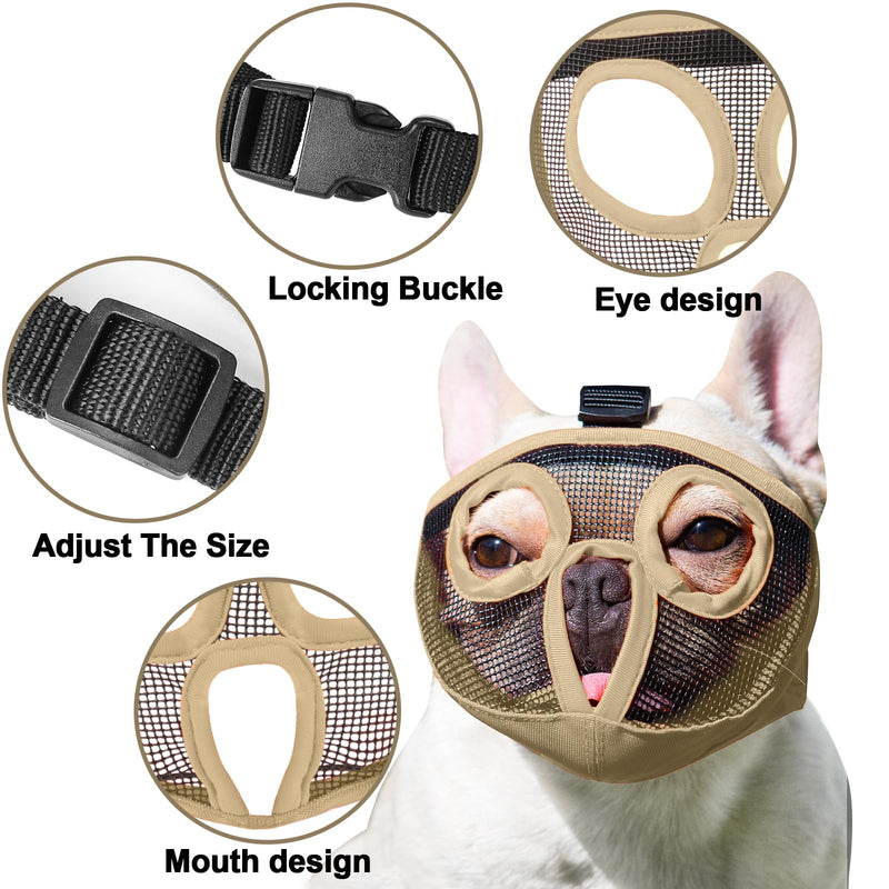 Short Snout Dog Muzzles- Adjustable Breathable Mesh Bulldog Muzzle for Biting Chewing Licking Training Grooming Dog Mask (Khaki, X-Large/ 18"-25") Khaki X-Large/ 18"-25" - PawsPlanet Australia