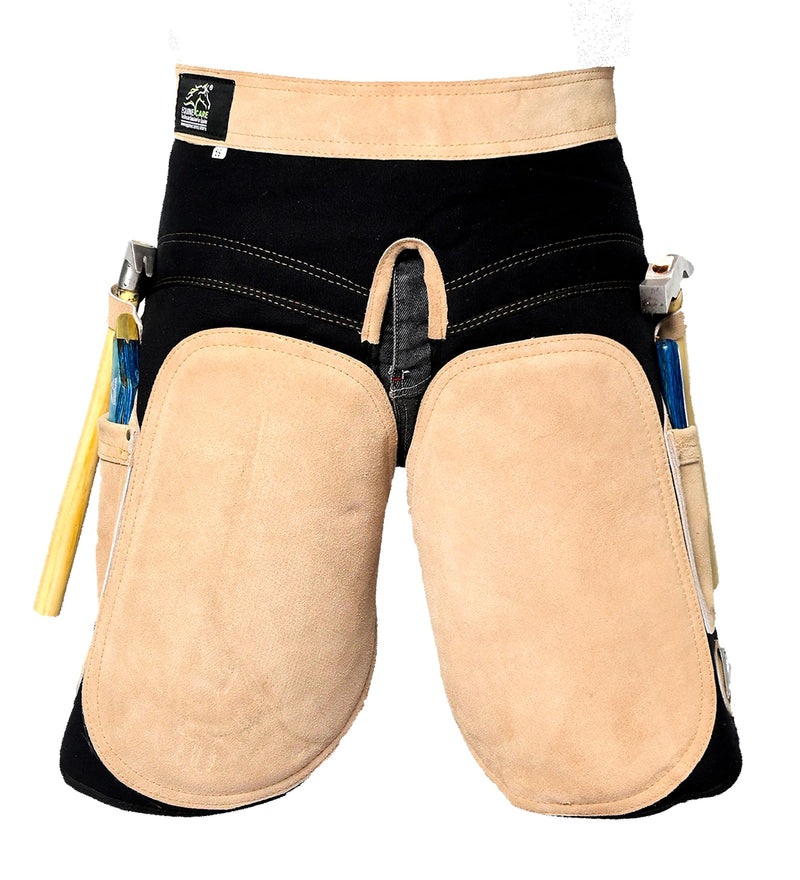 Equine Care Farrier Apron Chaps – 2mm Cowhide Suede Leather, 500 GSM Canvas, 23" Length, Adjustable Waist (28–52"), Ambidextrous Knife Pockets, Magnets & Loops – Horseshoeing & Hoof Trimming. Beige with Black