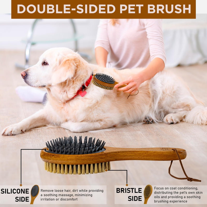 TAKAVU Short Hair Dog Cat Brush, Double-Sided Silicone & Bristle Pet Grooming Brush for Removing Dirt & Loose Hair, Coats Detangling Deshedding, Massage Pet Skin, Wood Handle Pet Comb White Boar Bristle & Silicone Brush - PawsPlanet Australia