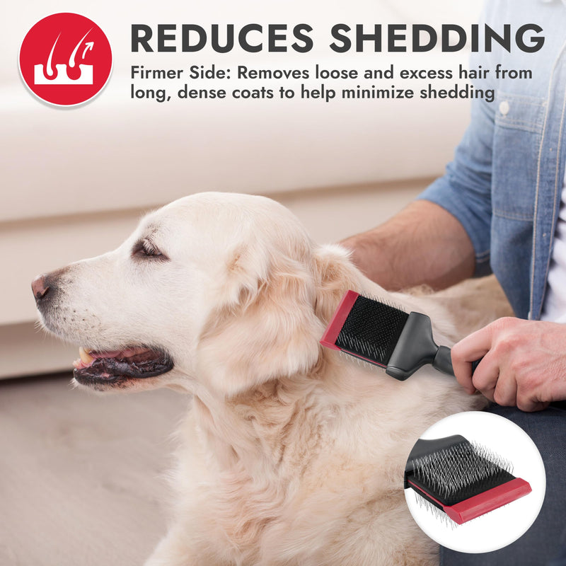 KONG Double-Sided Flexible Slicker Brush – De-Shedding & Detangling Tool, Padded Grip, Long Metal Pins, Flexible Head, for Medium to Large Dogs with Medium to Long Coats, Red/Gray - PawsPlanet Australia