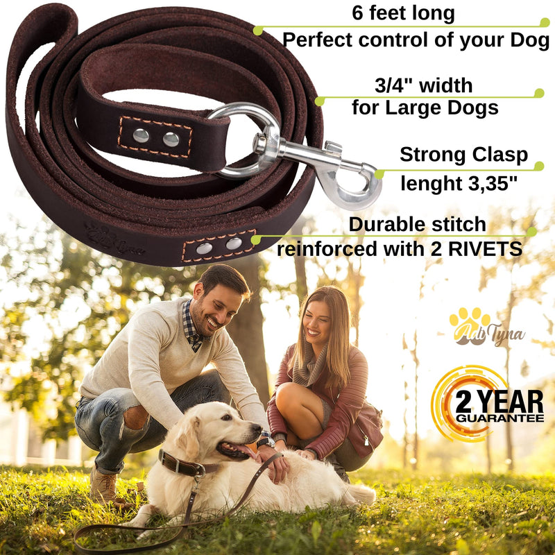 ADITYNA Leather Dog Leash 6 ft x 3/4 inch - Soft, Strong, Heavy Duty for Large & Medium Breeds - Dog Lead for Walking, Training, Hiking and Running (Brown) L - 6 ft x 3/4 inch Brown - PawsPlanet Australia