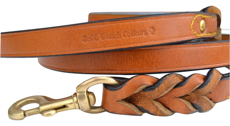 Leather Braided Dog Leash, Tan with Teal Padded Handle, 6ft x 3/4" Inch Wide, Made with Full Grain Genuine Leather - PawsPlanet Australia