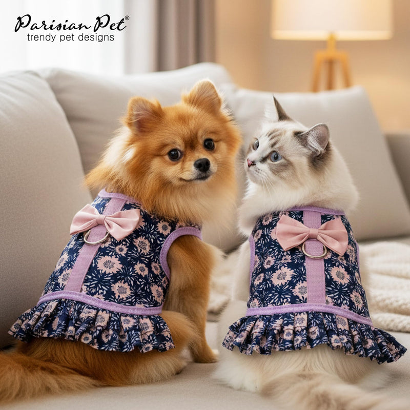 Parisian Pet Floral Dog Harness Dress - Breathable No Pull Puppy Dress with Leash Ring - 100% Mesh Fabric Harnesses for Dogs - Soft Padded Step in Pet Vest - All Weather Dog Harness Small Sized Dogs S Midnight Blossoms