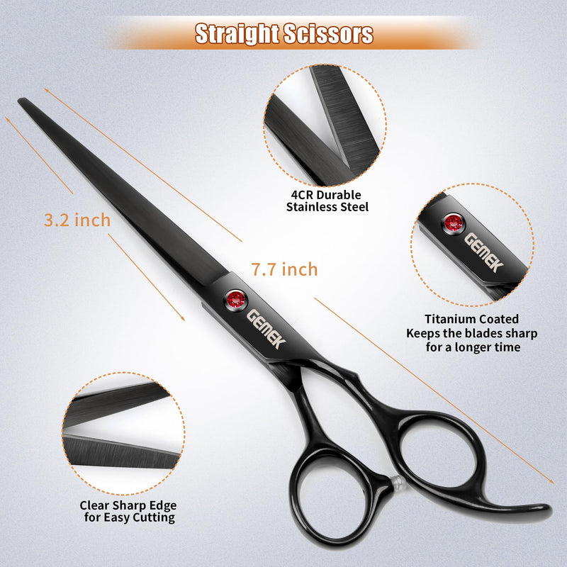 7.0in Titanium Professional Dog Grooming Scissors Set, GEMEK 6 in 1 Straight & Thinning & Upwards Curved & Downwards Curved Scissors & Comb for Dogs, Cats and Other Animals Black 7inch - PawsPlanet Australia