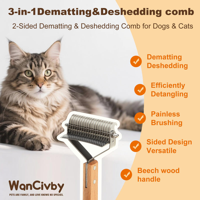3-in-1Dematting & Deshedding Comb Undercoat Rake for Cats& Dogs，Detangling Matted Fur & Hair Remover Tool Pet Grooming Rake for Shedding and Dematting，Ergonomic beech wood handle (Square Handle) Square Handle - PawsPlanet Australia