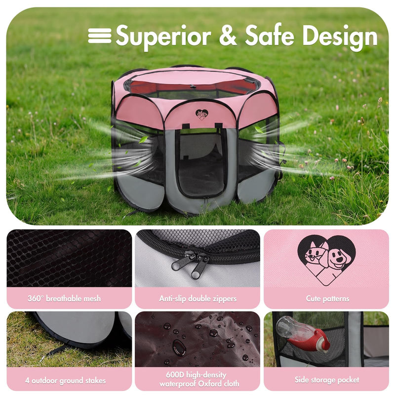 Portable Puppy Playpen for Small Dog Cat, Pop up Dog Crate Kennel Indoor/Outdoor, Pet Tent Cage with Carrying Bag for Kitten, Rabbits Pink S