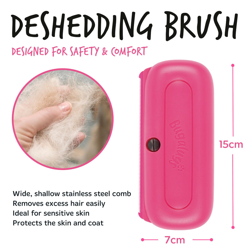 Bugalugs Deshedding Brush for Dogs, Cats, Horses - Pet Grooming Tool that is Gentle & Effective With Wide Shallow Comb, Smooth Groomer for Dog, Cat and Horse Pink