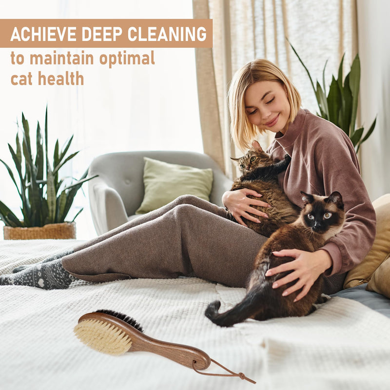 Takavu Double-Sided Boar Bristle Cat Brush - Natural Grooming Tool for Gentle Cleaning, Shine & Reduced Loose Hair - Wood Handle Pet Brush Double Side Brush - PawsPlanet Australia