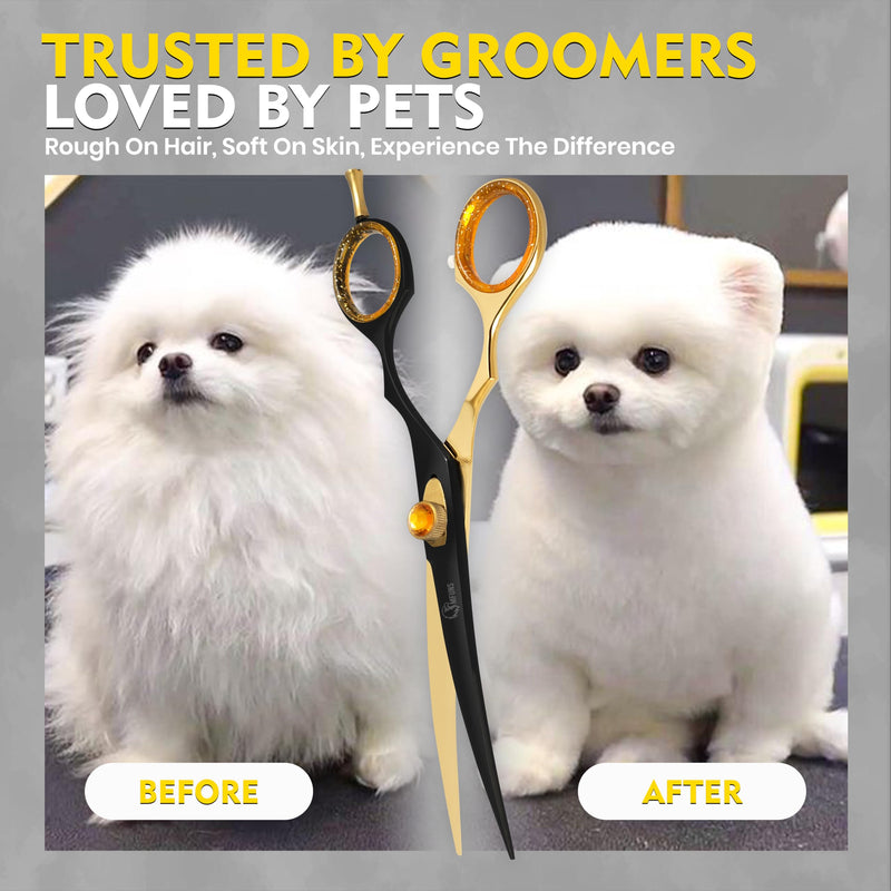 7.5 Inch Curved Grooming Scissors for Dogs and Cats – Professional Pet Grooming Shears for Face, Paws, Body and Tail – Sharp, Smooth, Ergonomic Curved Blades for Salon Groomers and Home Use Golden Black Curved Straight - PawsPlanet Australia