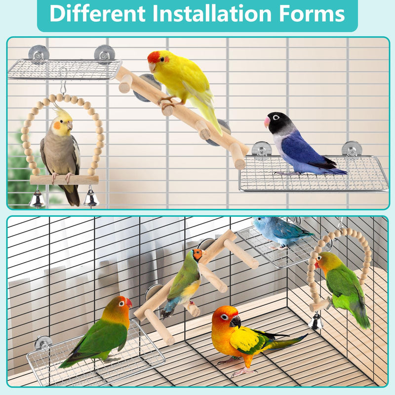 4Pcs Bird Perches Toys, Stainless Steel Perch Platform (2 Sizes), Natural Wood Parrot Climbing Ladder & Swing with Bell, Play Gym Cage Accessories for Budgie Cockatiel Lovebird Canary Conure - PawsPlanet Australia